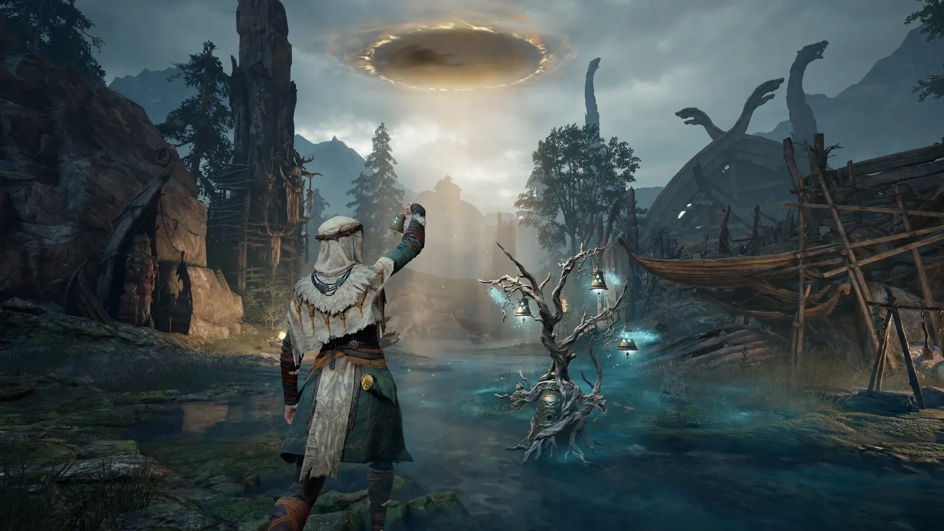 A Gyldhunter exploring ruins near an extraction bell